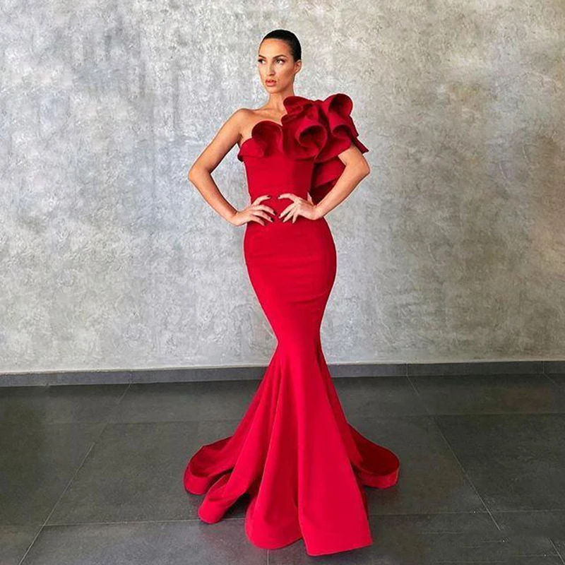 Yipeisha One-shoulder Red Prom Dresses Mermaid Ruffles Satin Long Party Dress Evening Gown for Formal Occasion Robe de Soiree