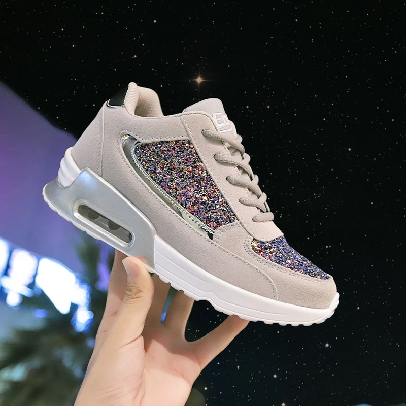 Women Lace Up Sneakers Glitter Autumn Flat Vulcanized Ladies Bling Casual Female Fashion Platform Plus Size Shoes 2022