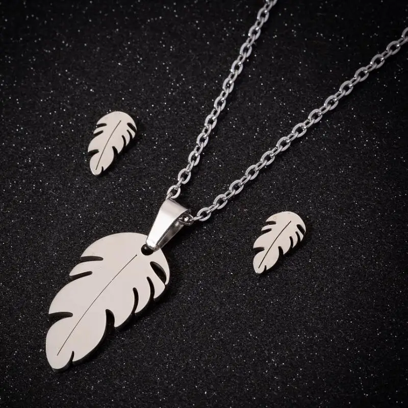 Oly2u Vintage Delicate Palm Leaf Stainless Steel Jewelry Sets Punk Feather Choker Pendant Necklace Collares Women Gift Wholesale