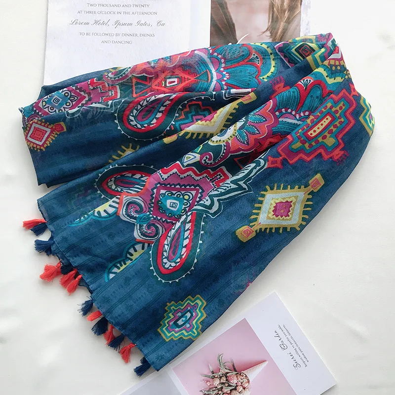 Châle en Viscose de Marque Espagnole pour Femme, Écharpe à Pompon Floral Aztèque Cajou, Rond Pashminas Snood Bufandas Hijab Musulman, Été,