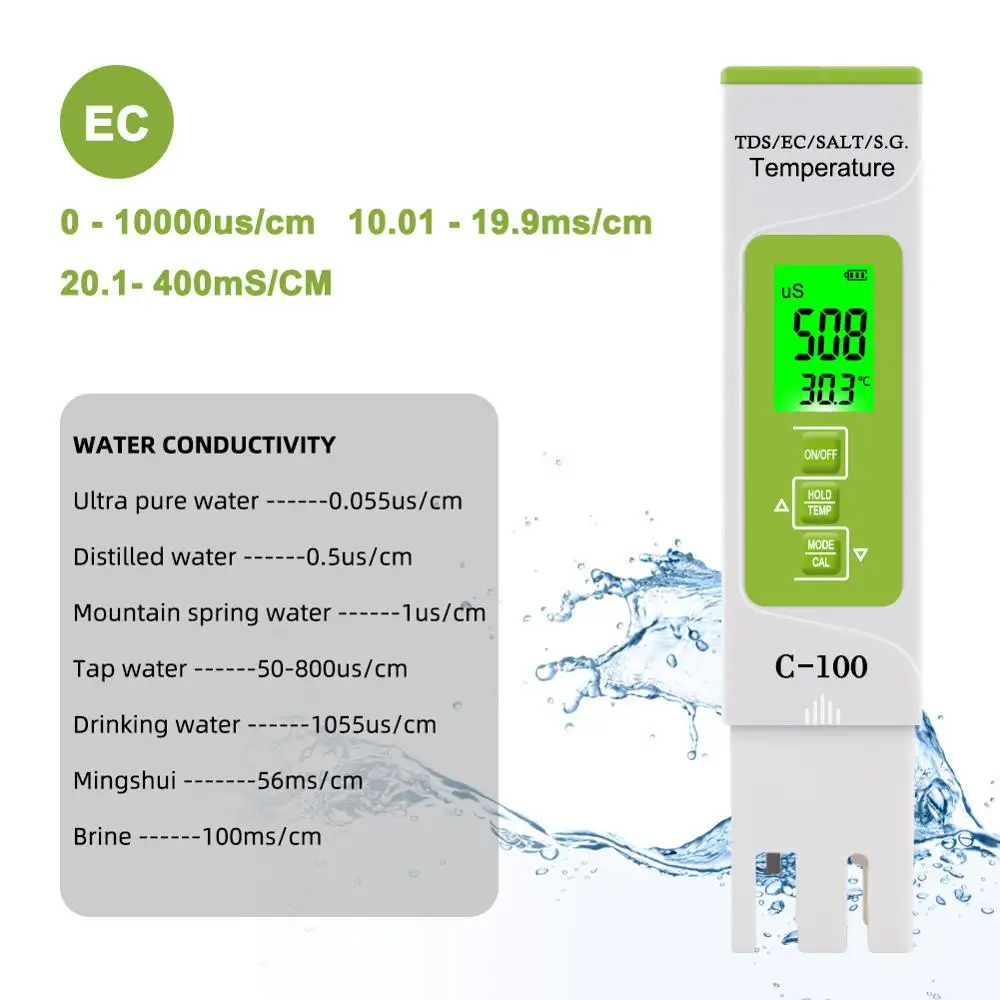 Yieryi 5 in 1 TDS/EC/SALT/S.G./Temperature Meter Digital Water Quality Monitor Tester for Pools, Drinking Water, Aquariums