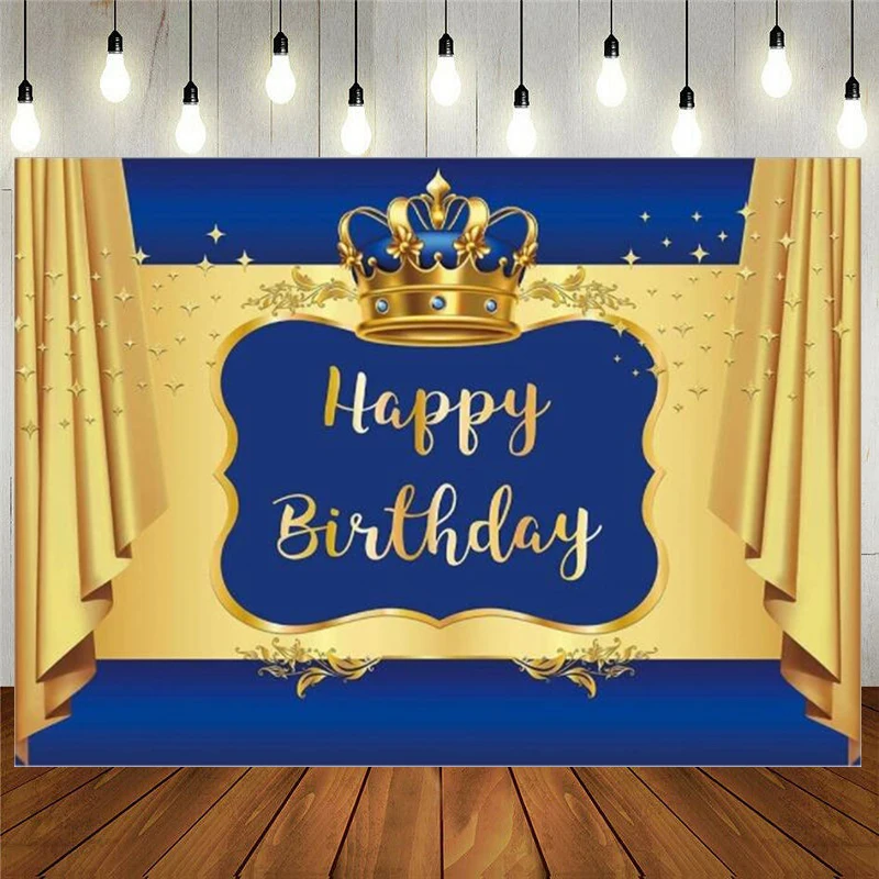 Royal Prince Photography Backdrop King Blue And Gold Crown Glitter Baby Shower Little Boy Happy Birthday Party Decor Background