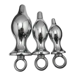 Small medium large huge size set with pull ring Metal Anal beads butt plug Silver metal BDSM insert Sex toys Product