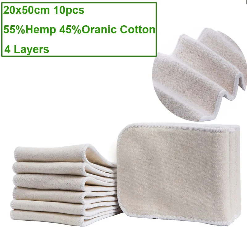 10pcs Washable 4 layers hemp cotton Cloth Nappy Liner Super Absorbent Reusable Incontinence Adult Diaper Insert Pad 20x50cm