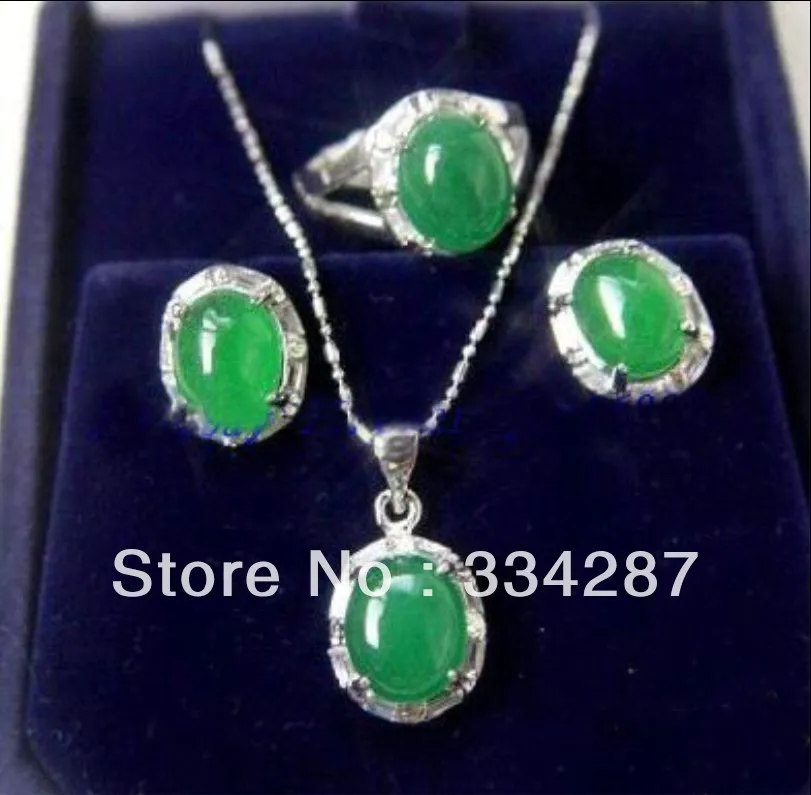 

lady's fine 18KGP green jades CZ earring pendant ring #7,8,9 set