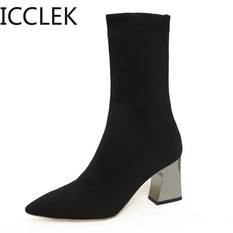 Women\'s Boots Pointed Toe Yarn Elastic Ankle Boots Thick Heel High Heels Shoes Woman Female Socks Boots winter