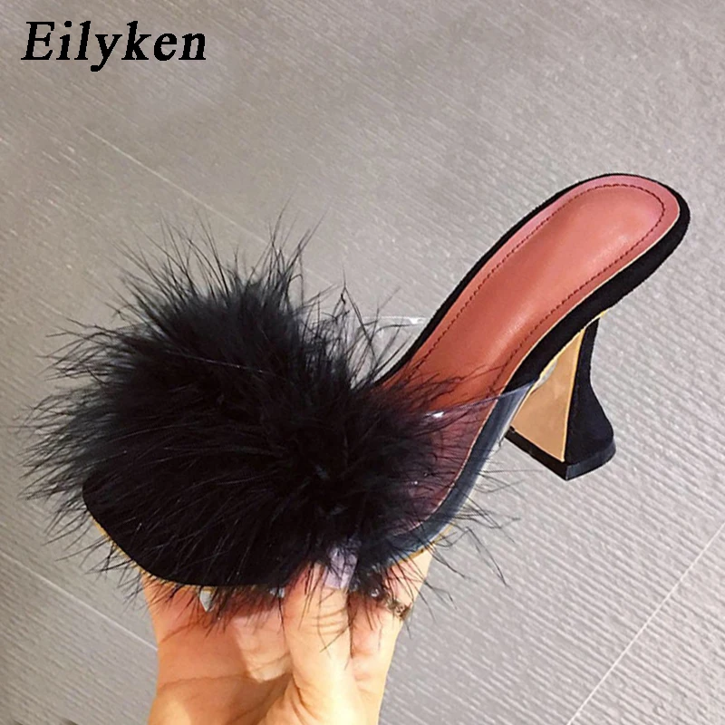 Eilyken Woman Summer New Mules Slippers Feather PVC Transparent High Heels Fur Sandals Peep Toe Spike Heel Ladies Slides Shoes