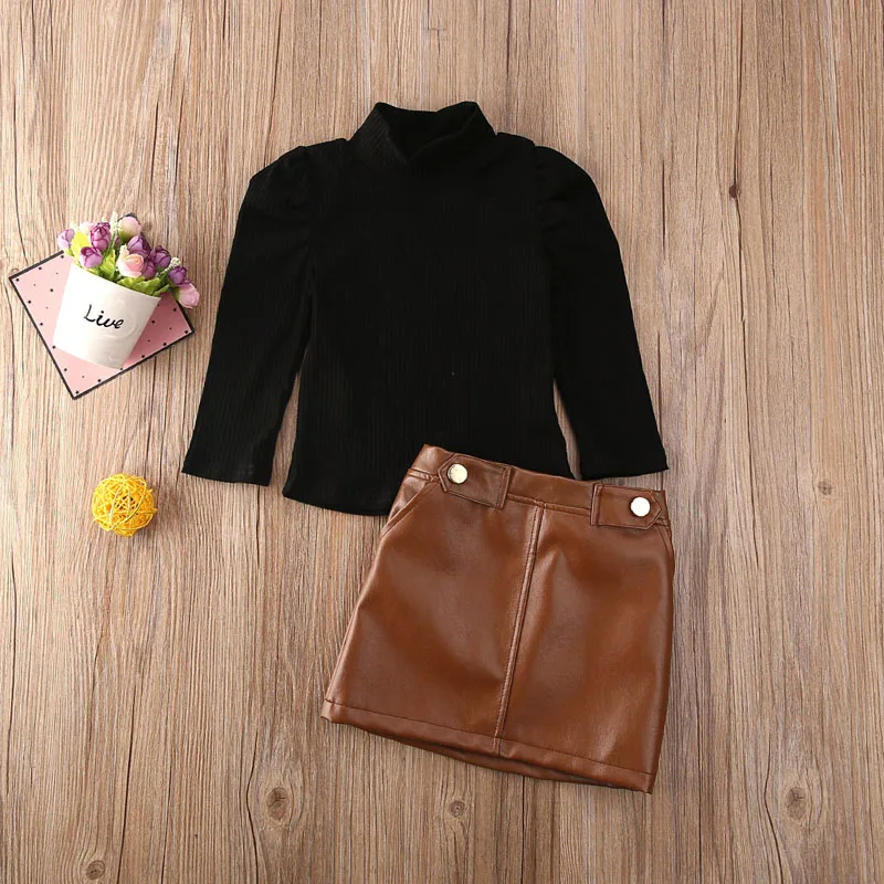 lioraitiin 1-5Years Toddler Baby Girl Autumn Fashion Clothing Set Long Sleeve knitting Black Top Leather Skirt 2Pcs Outftfit