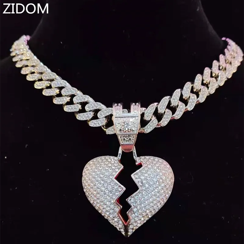 Men Hip Hop Chain Iced Out Bling Bling Heart Broke Pendant Necklace13mm Miami Cuban Chain HipHop Necklaces Fashion Charm Jewelry