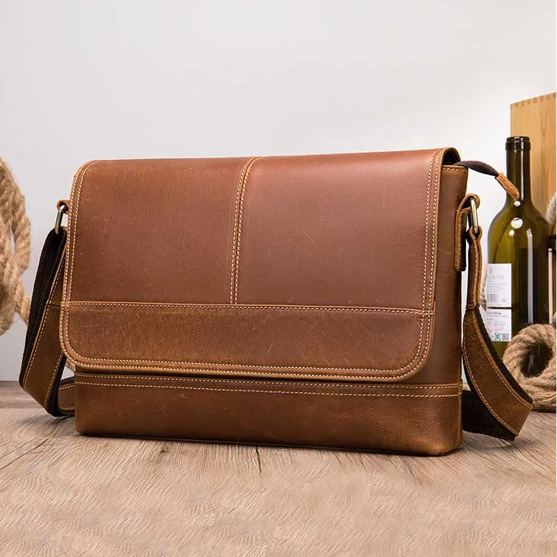 Luufan Men's Vintage Genuine Leather Messenger Bag Thick Cow Leather A4 Shoulder Bag iPad Casual Crossbody Bag Cowhide Flap Bags