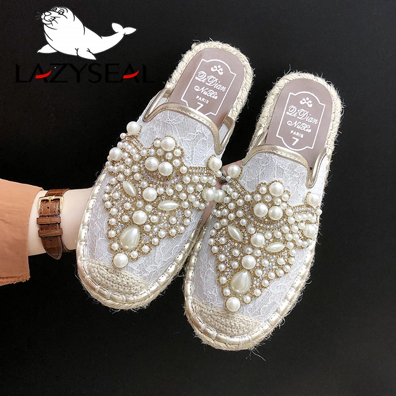 LazySeal nuovi cristalli perle mezze pantofole scivoli estivi scarpe da donna canapa tacco piatto scarpe donna tessuto di cotone moda muli scarpe