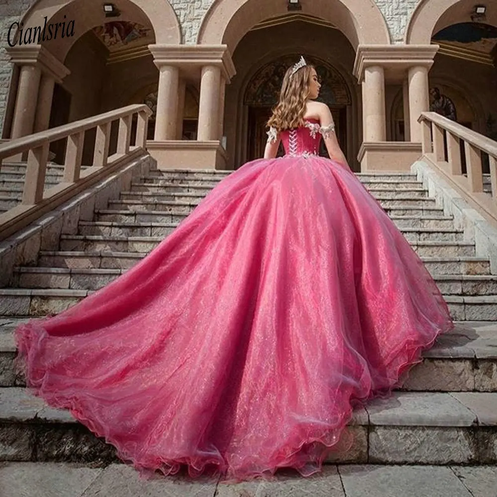 Fuchsia Sparkly Kristall Weg Von Der Schulter Organza Ballkleid Quinceanera Kleid Sweetheart Perlen Süße 15 Prom Party Kleider