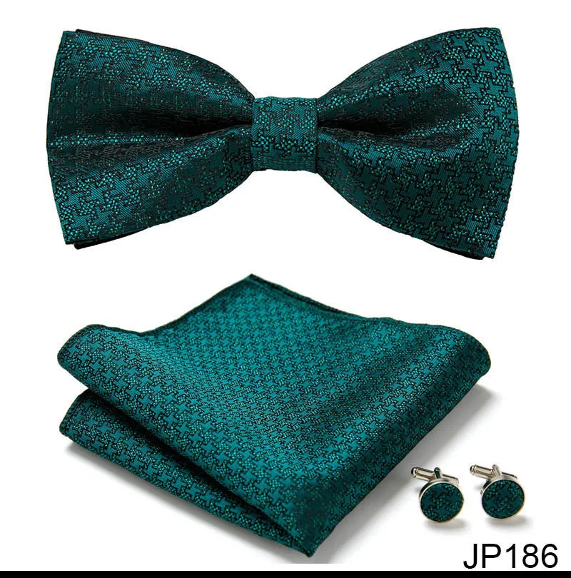 Great Quality Silver Office Butterfly Hanky Cufflink Set Bowtie For Men Geometric Hombre Formal Clothing