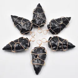 Fashion black Obsidian stones Arrowhead  Healing Point Natural Stone pillar Pendants for Charm Necklace accessories 6pcs