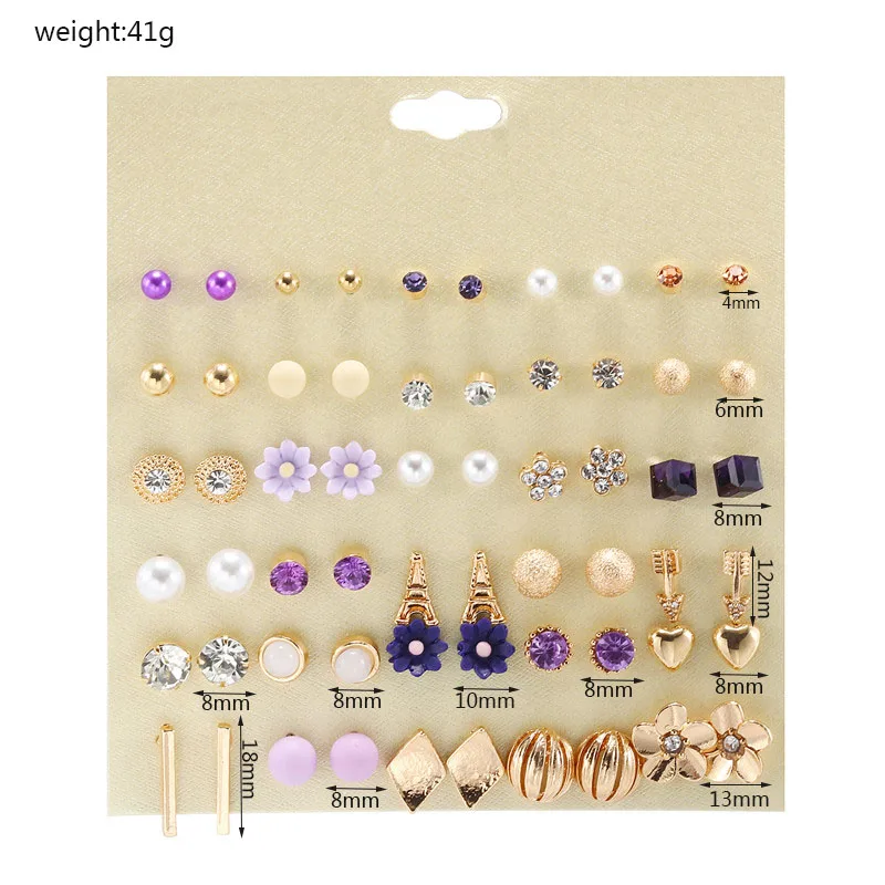 30Pairs/Sets Women Mixed Crystal Small Stud Earrings Sets Girl Heart Tower Flowers Arrow Pearl Beads Earring Sets Women Jewelry