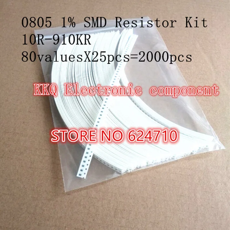 Hot sale 0805 SMD Kit Assorted Kit 0805 1% 10Ohm~910KOhm,10R-910KR,80valuesX25pcs=2000pcs, New and Original Sample Kit