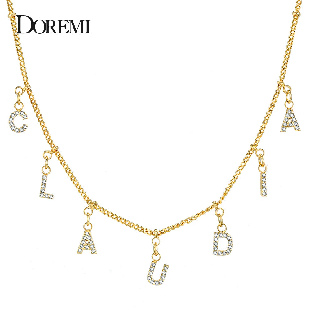 

DOREMI 3A Zircon Personalized Gold Name Necklace with Letter Numbers Custom Copper Necklaces for Women Girl Font Pendant Choker