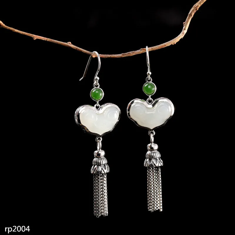 

KJJEAXCMY Fine Jewelry s925 sterling silver jewelry ethnic style lady Hetian jade earrings Ruyi tassels new