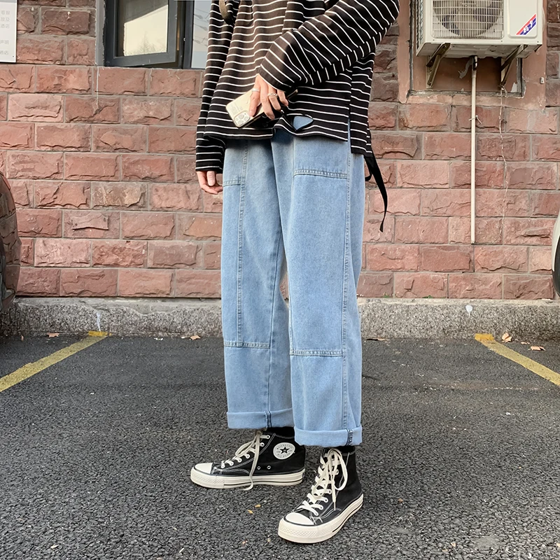 

Jeans men's loose straight wide leg pants Korean fashion versatile spring and autumn Capris splicing pants