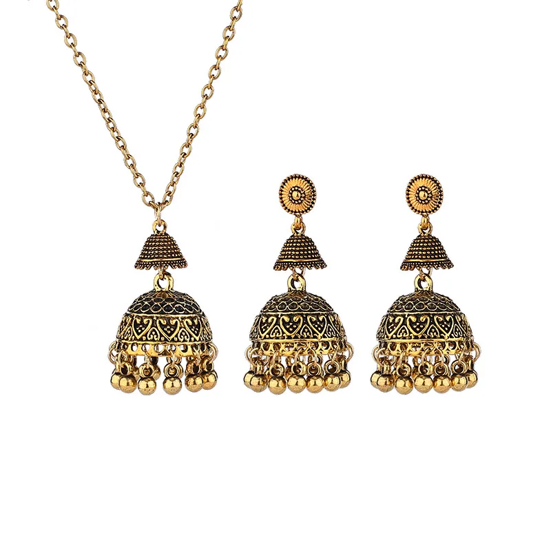 Vintage Indian Wedding Jewelry Set For Women Gold Color Carved Bells Necklace&Earring Statement Dangle Earrings Gifts