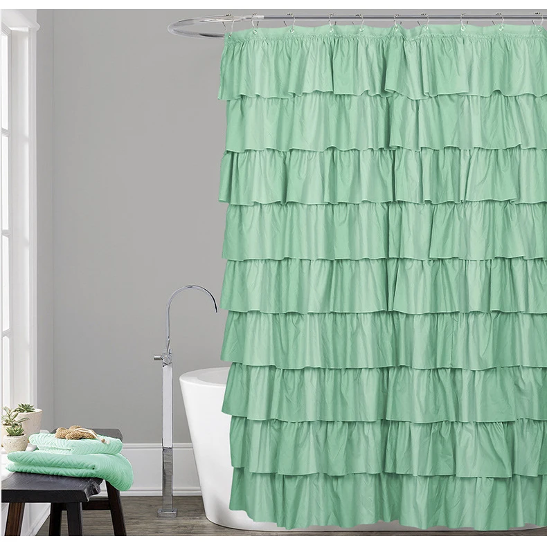 Pink Decorative Shower Curtain Set Luxury Waterproof Polyester Fabric Plain Lace Stitching Toilet Room Bath Curtain With 12 Hook