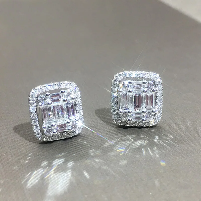 Huitan Geometric Shaped Cubic Zirconia Stud Earrings Women Daily Wear Wedding Party Ear Accessories Good Quality Fashion Jewelry