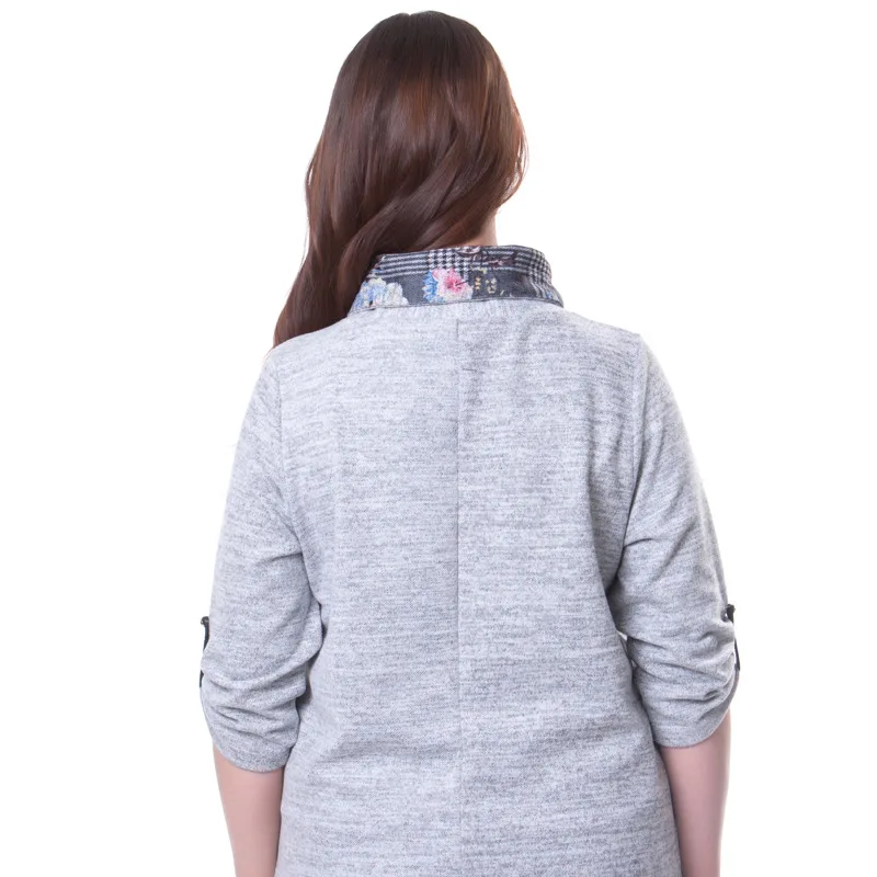 Women's Sweater Plus Size Hoodies Top Drawstring Grey Standing Collar Print Pocket Half Sleeve Loose Splicing Female Coat F9016