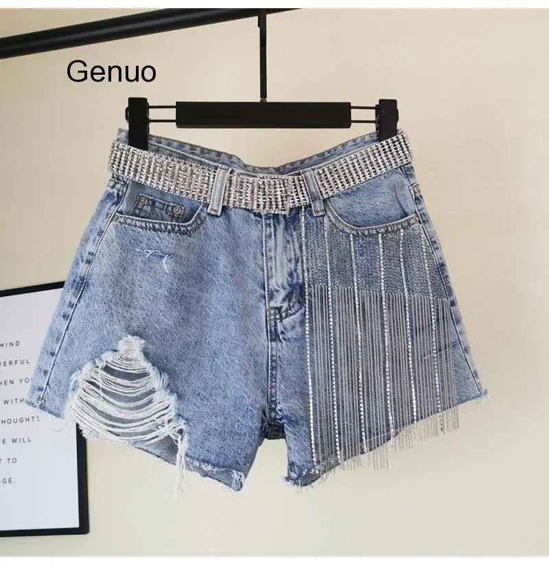 

Hot Pants Korean Style Women's Wide Legs Hot Drilled Holes High Waist Loose Fringed Jeans Shorts Girls Lady 2020 Summer New