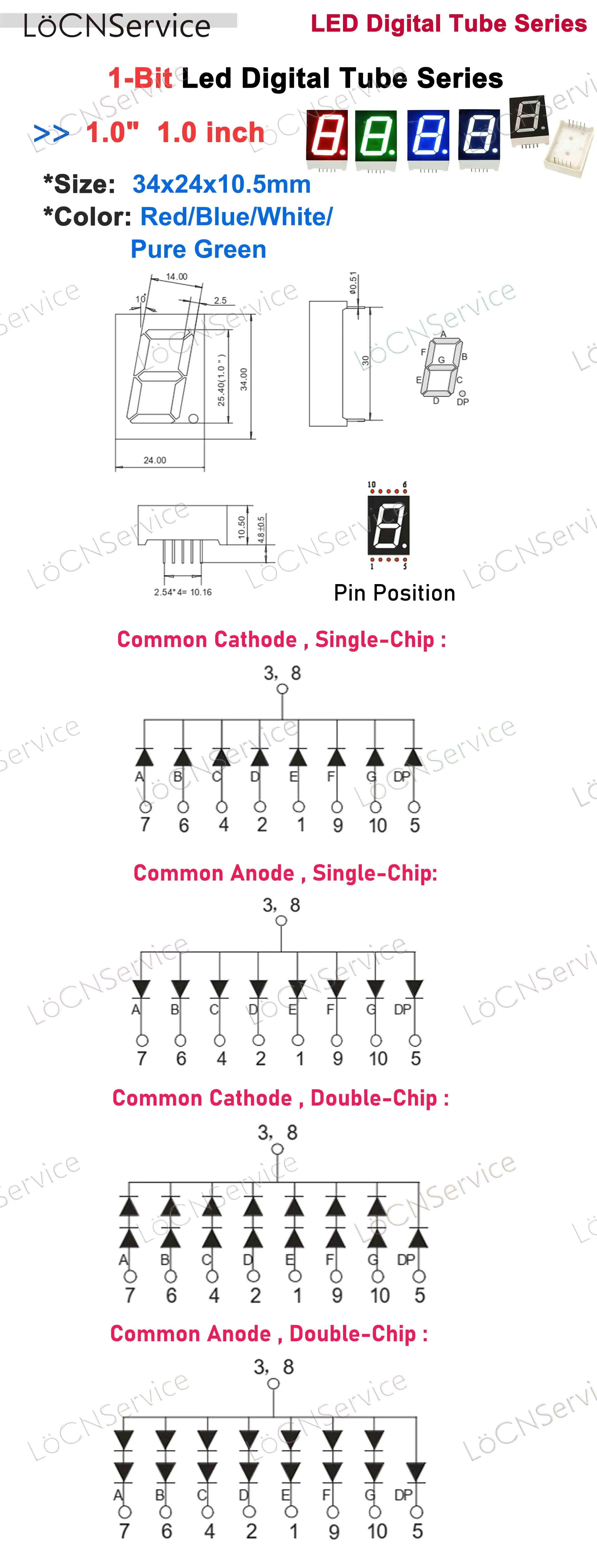 1.0 inch 1 Bit digital tube LED Display RED PURE GREEN BLUE WHITE Common Cathode Anode High Bright 50PCS LoCN