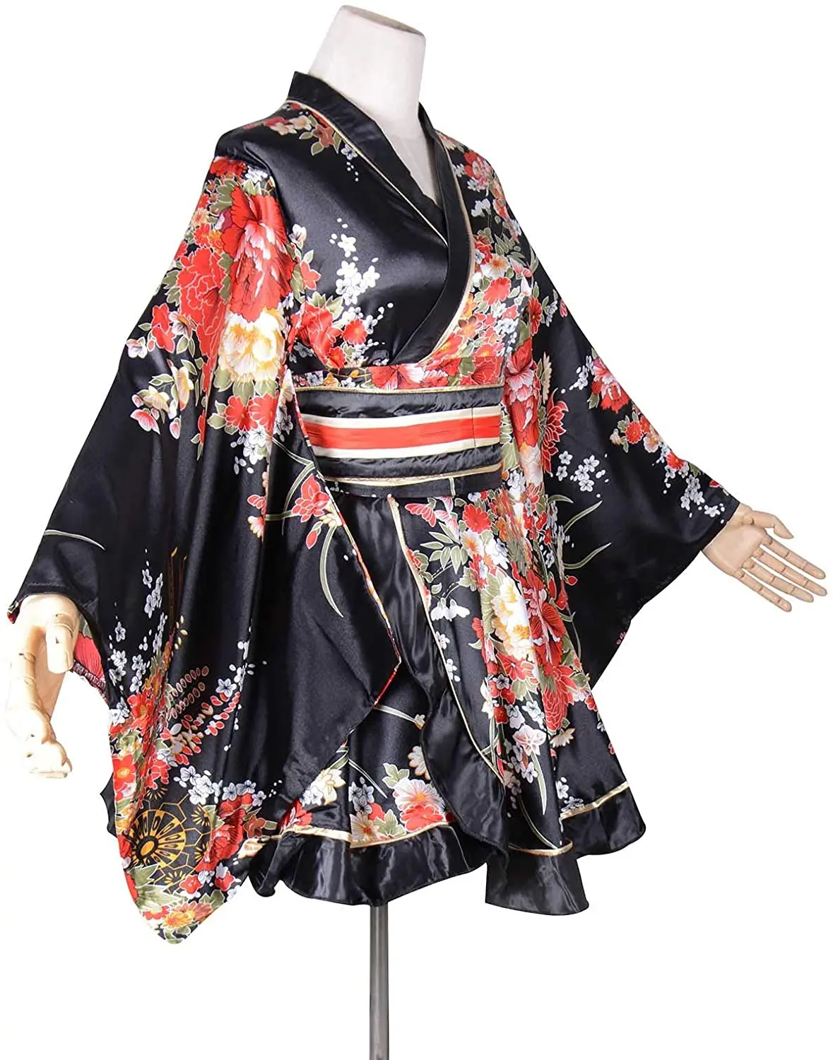 Women\'s Kimono Costume Adult Japanese Geisha Yukata Sweet Floral Patten Gown Blossom Satin Bathrobe Sleepwear with OBI Belt