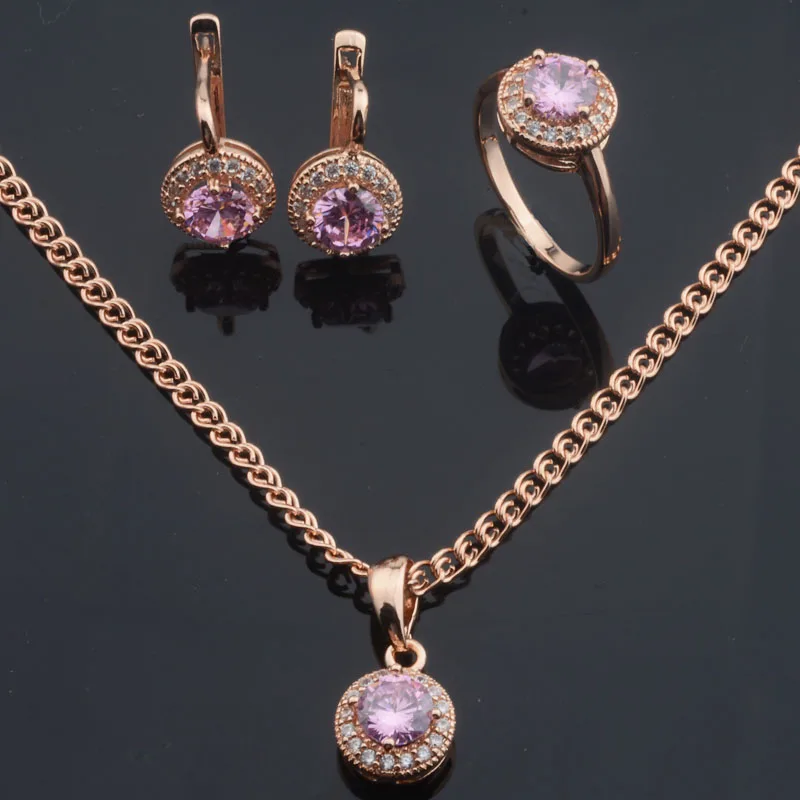 FJ Green/Blue/Pink Stone Women 585 Gold Rose Color Round Cubic Zircon Pendant Earrings Rings+Optional Necklace Chain