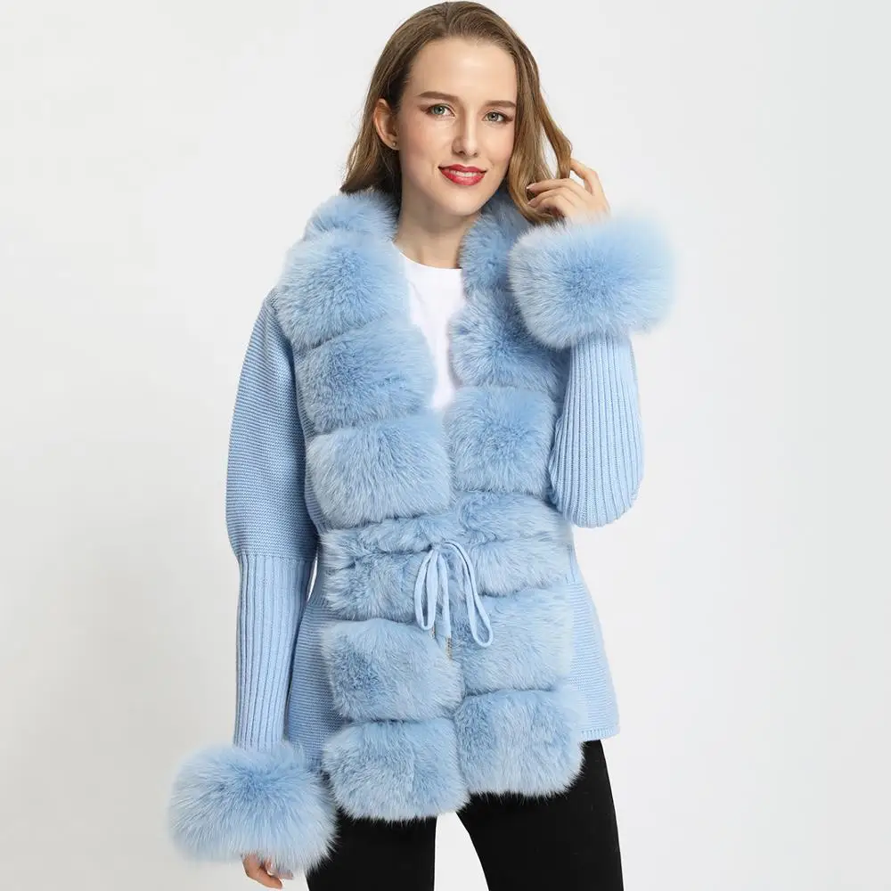 Janefur Real Fox Fur Cardigan Women Knitting Sweater Chic Long Sleeves Belt Slim Wool Coat