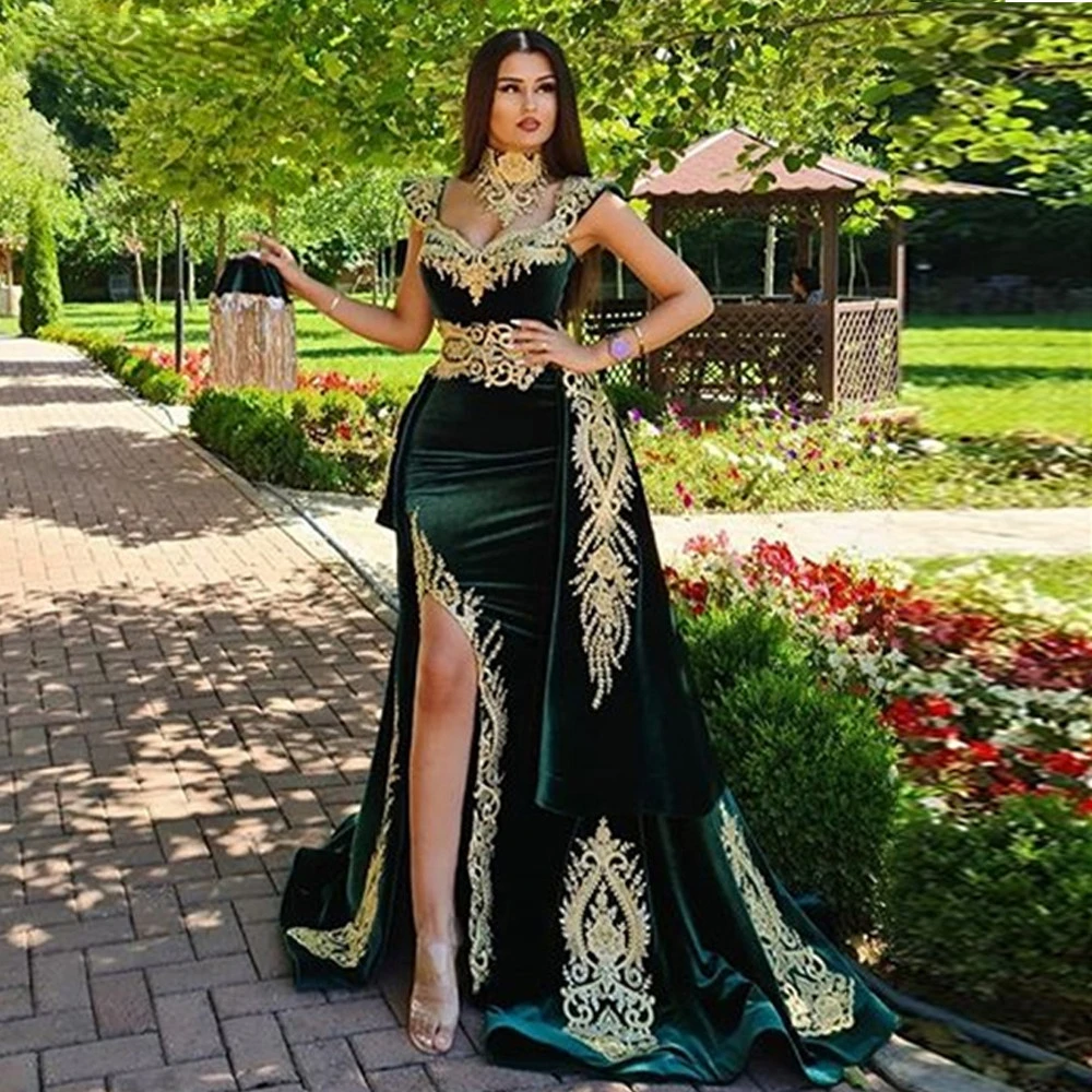 Sexy Mermaid Velvet Evening Dress Removable Skirt Arabic Split Prom Gowns Appliques Lace Tassel High Neck Algerian Outfit