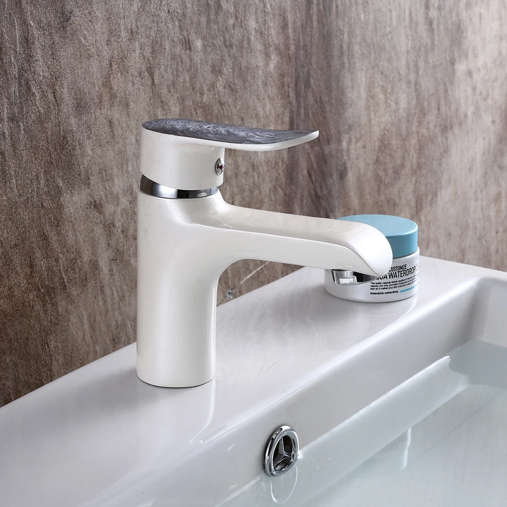 MYNAH Unique White Cold and Hot Basin Faucet Chromed Handle Bathroom Water Taps Mixer