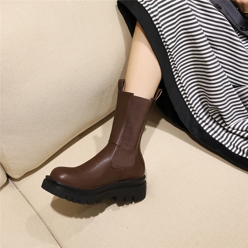 Meotina Women Fashion Med Calf Boots Platform Flat Shoes Slip On Round Toe Ladies Boots Flats Shoes 2021 Autumn Winter 43 Brown