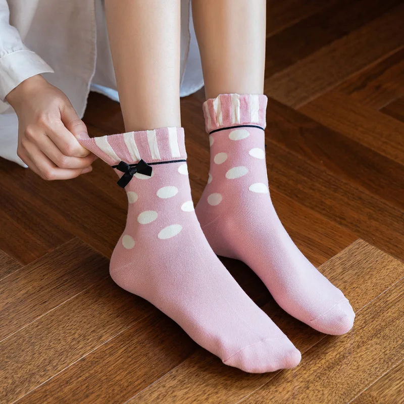 Korean Style Women Novelty Crew Socks Cute Kawaii Christmas Gifts Cotton Long Funny Funky Bow Socks for Girls 7 Pairs Set