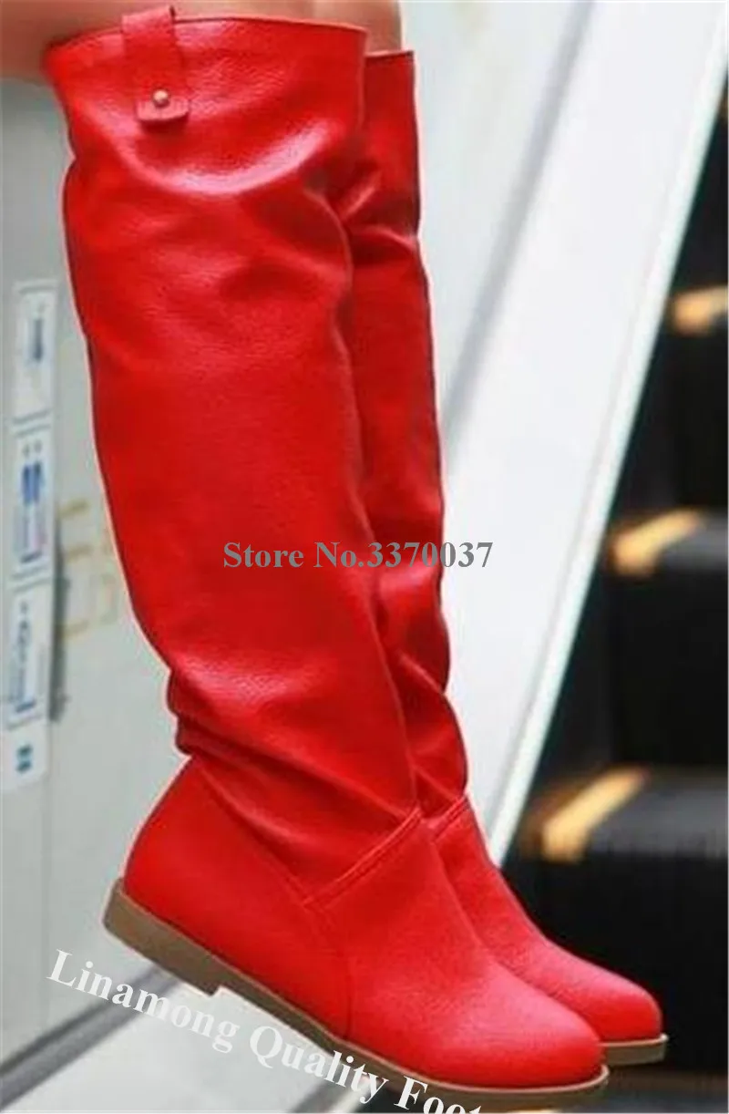 Linamong Casual Flat Knee High Boots Women Matte Red Leather Round Toe Long Flat Boots Women Leisure Boots Big Size 47 Boots