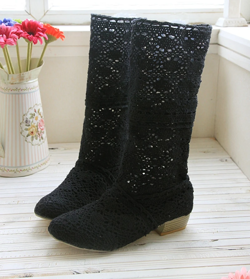 2020 high quality Hollow Boots Breathable Knit Line Mesh boots Summer Women Boots Knee High Womens Shoes Big size 34-43 AT18