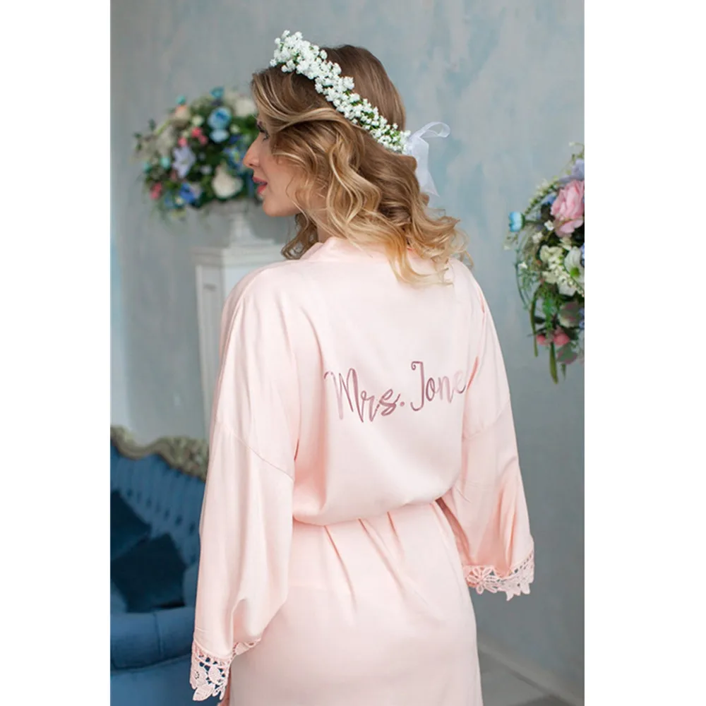 blue bridal party Robe personalize silk Lace bride Kimono Robes blush bachelorette Nightgown valentines gift Get Ready Bathrobe