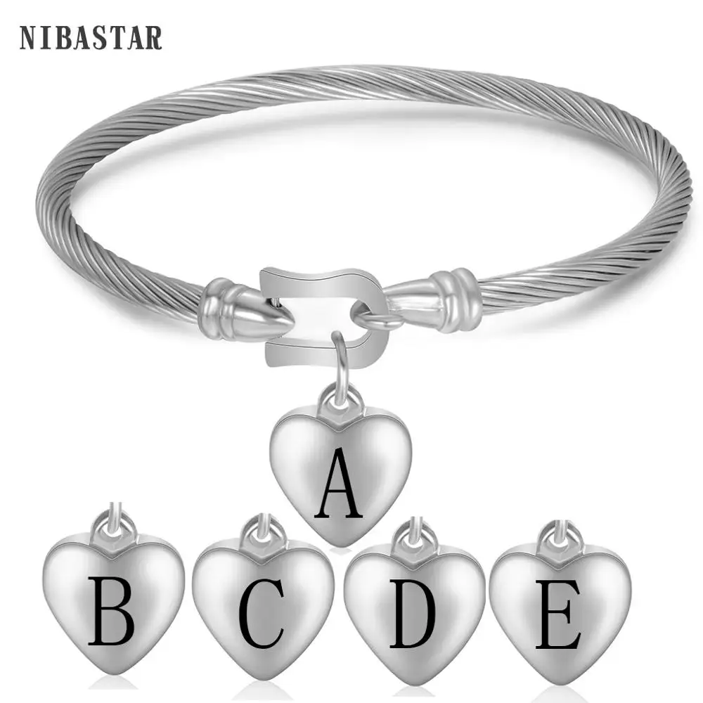 

Twisted Cable Bracelets High Quality Heart Charm Bracelet Women's Stainless Steel Initials bracelets bangles for woman