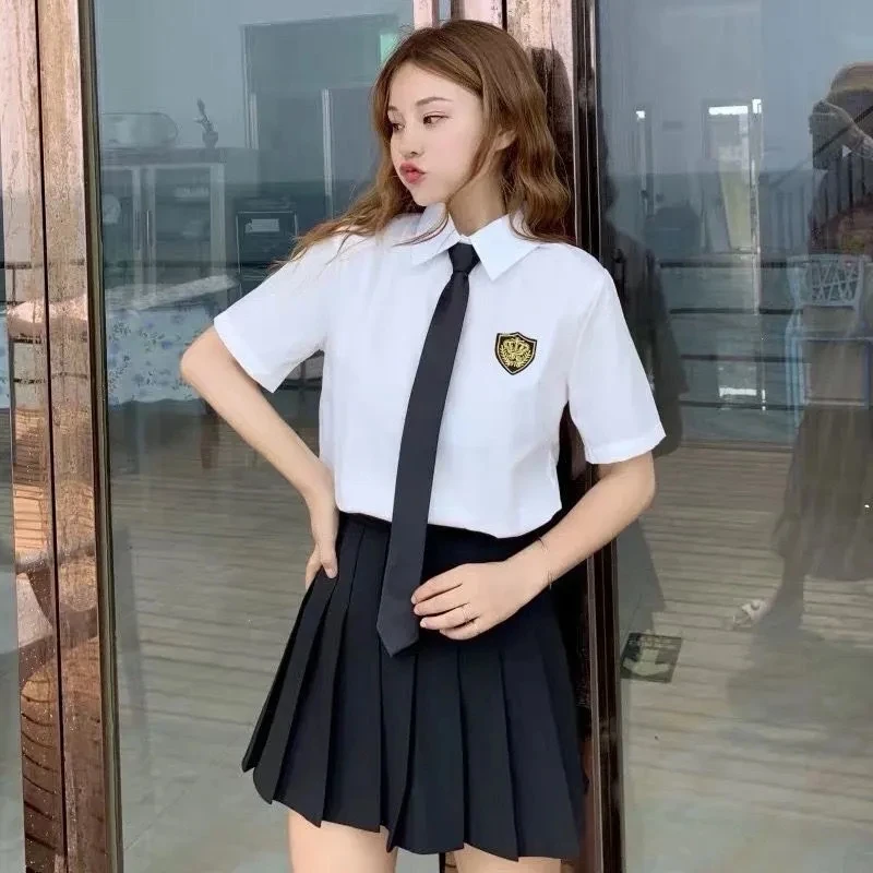 Summer Short Sleeve Women's Sweatshirt Pleated Skirt Suit Korean Version Campus Style Fashion Tie Short Skirt Ladies Uniform Set