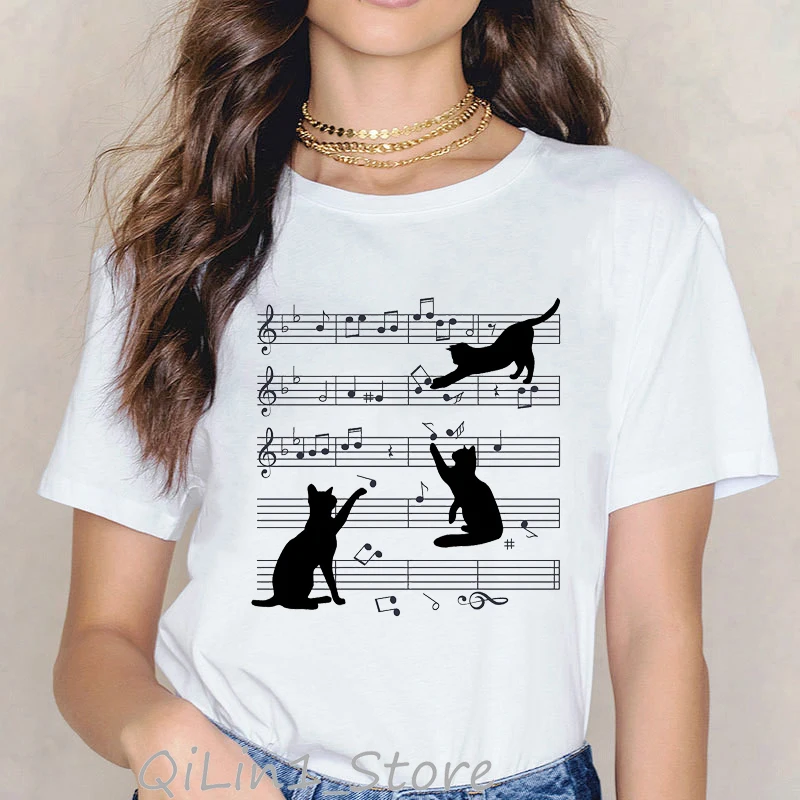 Novelty Music Note Black Cat animal Print tshirt women harajuku kawaii clothes summer top female t-shirt tumblr graphic tees