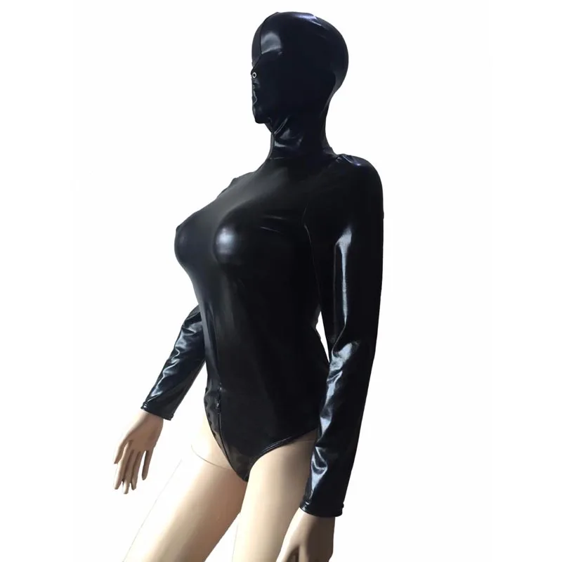 Zentai macacão feminino com capuz, fantasia de couro falso molhado com capuz