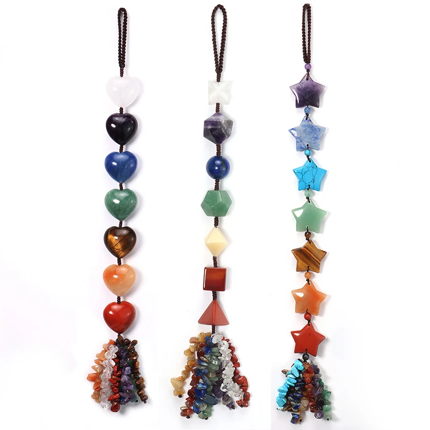 XSM Natural Stone Car Hanging Decoration Amulet Reiki Healing 7 Chakra Chips /Stars/Merkaba Weaving Lucky Home Window Decor