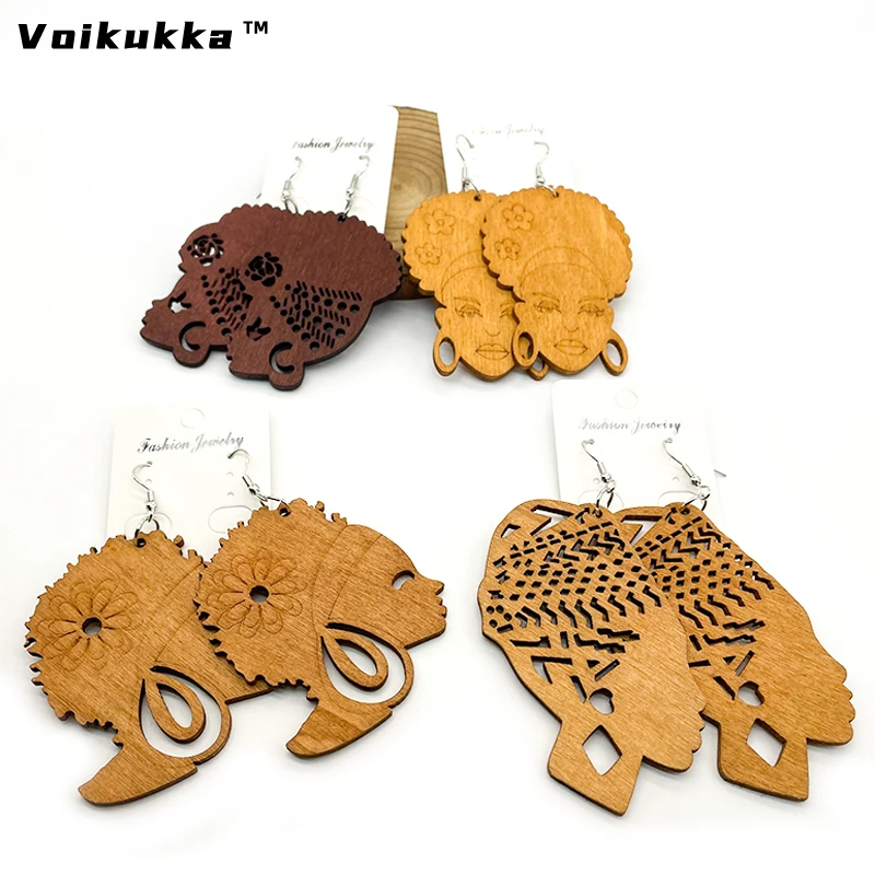 VOIKUKKA Jewelry Laser Cutting African Female Avatar Silhouette Natural Wooden Drop African Women Earrings Accessories