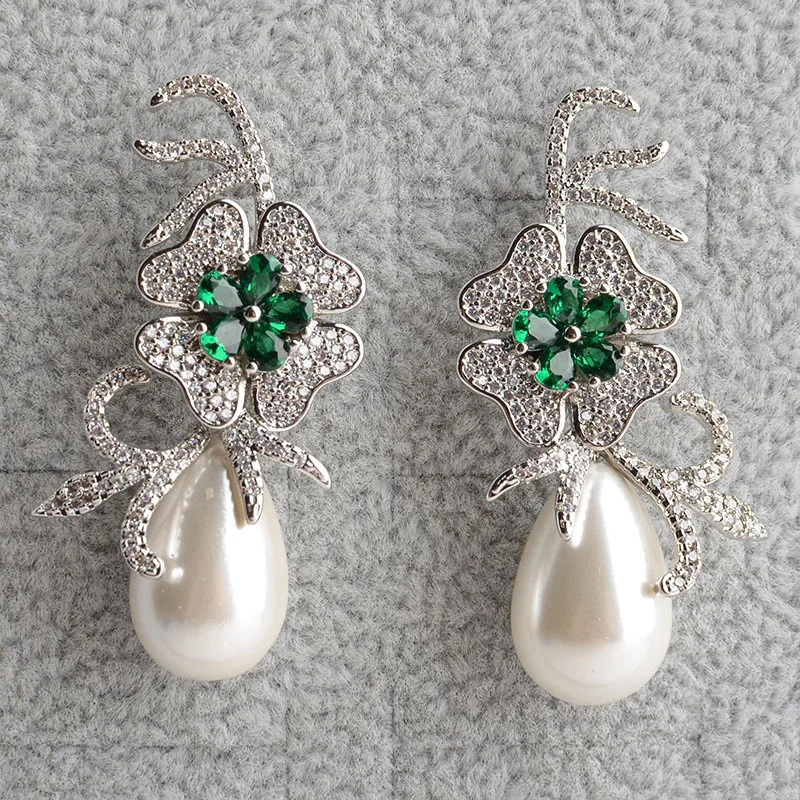 

Teardrop Green White Sea Shell Pearl Cz Pave Flower Earrings