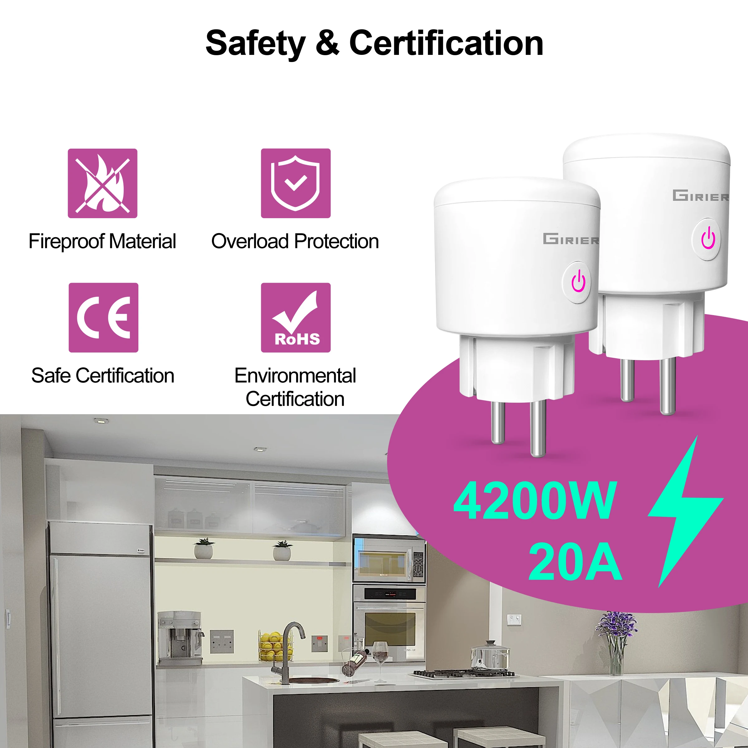 Enchufe inteligente con Wifi para la UE, enchufe con función de Monitor de potencia, Control remoto por aplicación Smart Life, funciona con Alexa y