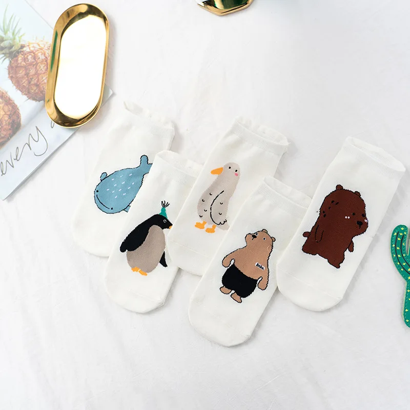 Calcetines cortos de dibujos animados para mujer, medias de estilo coreano, dinosaurio, zorro, pingüino, oso, kawaii