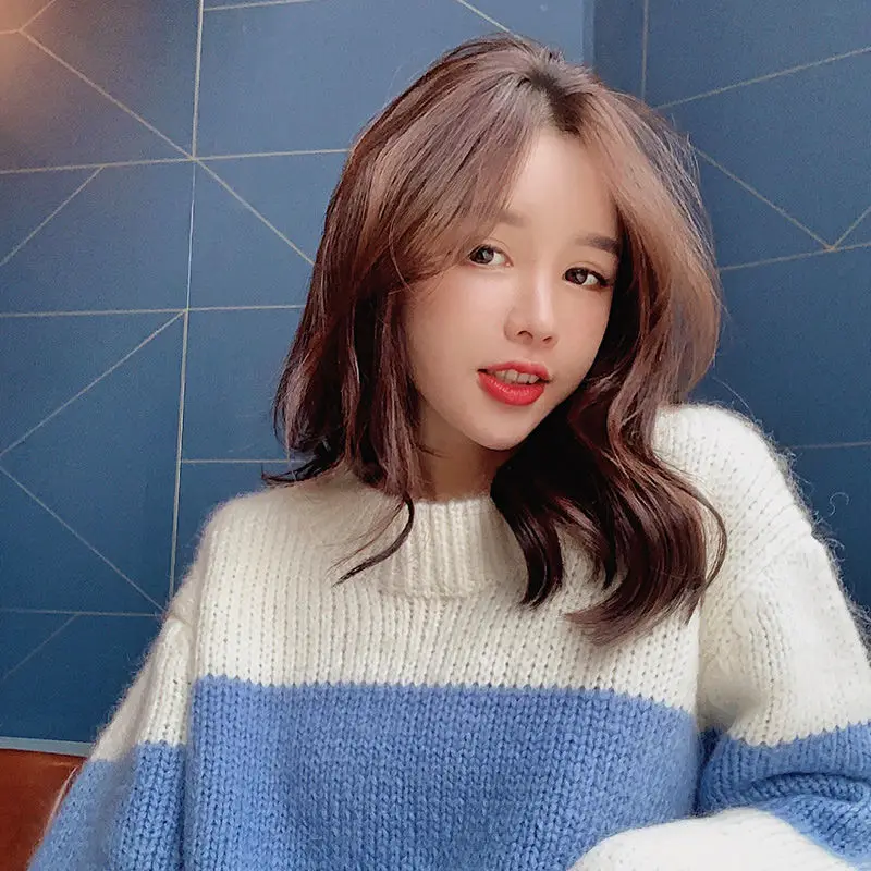 

Woman Sweaters Winter Striped Contrast Color round Neck Pullover Sweater Women's Loose Sweater Femme Chandails Pull Hiver