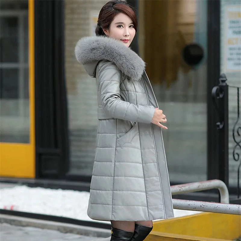 Women 2021 Leather Coat Down Cotton Jacket Female Plus Size Winter Parkas Thicken Warm Hooded Outerwear